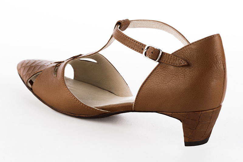 Caramel brown women's T-strap open side shoes. Tapered toe. Low comma heels. Rear view - Florence KOOIJMAN